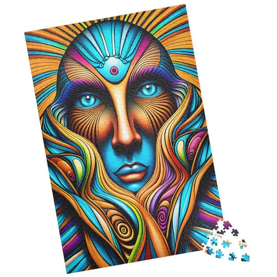 Psychedelic Sun Goddess Face in Vivid Orange and Turquoise Print