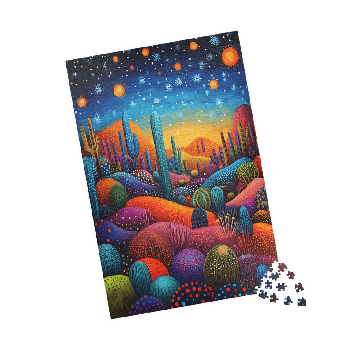 Magical Desert Cactus Folk Art Colorful Night Dotted Landscape Poster - Image 4