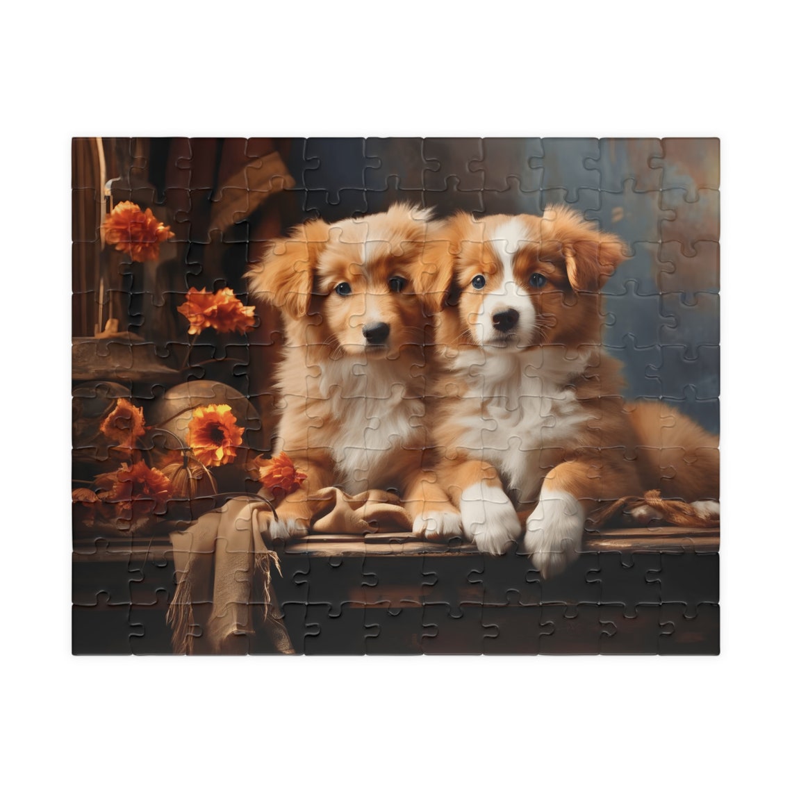 Two Sweet Puppies Autumn Flowers Cute Dog Portrait Art Poster - Image 2