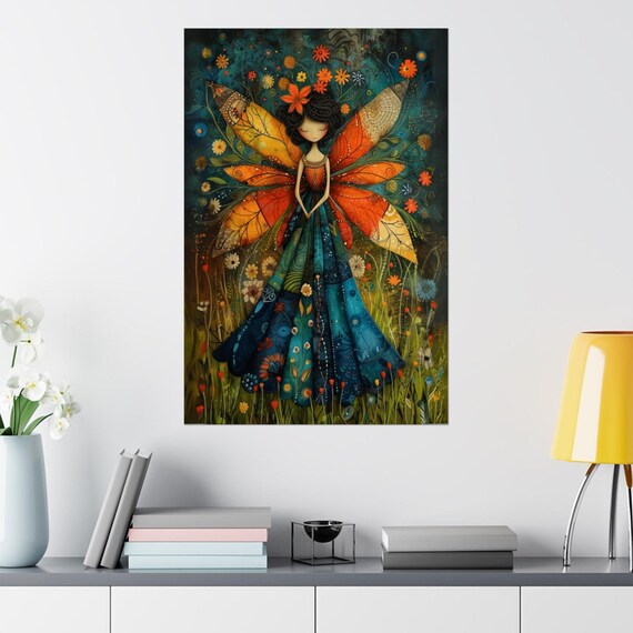Folk Art Fairy With Orange Butterfly Wings Flower Meadow Poster