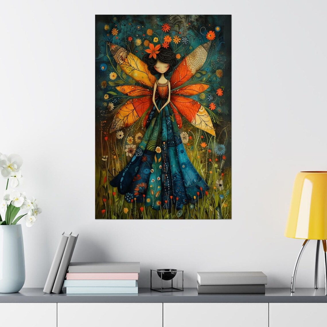 Folk Art Fairy With Orange Butterfly Wings Flower Meadow Poster