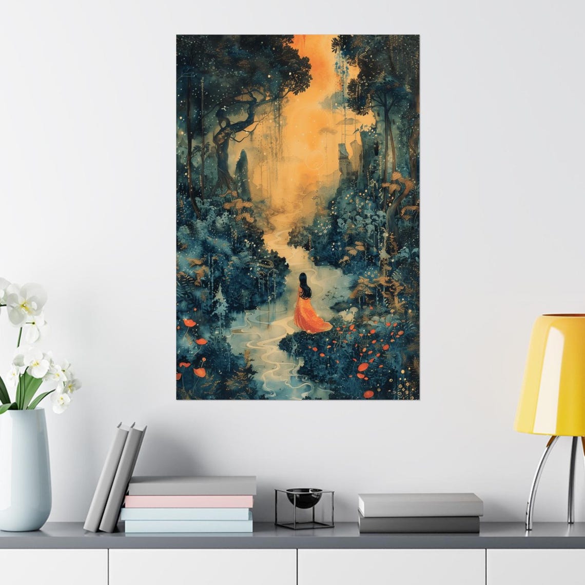Woman in Orange Gown Walking a Glowing Golden Forest Path Poster - Image 5