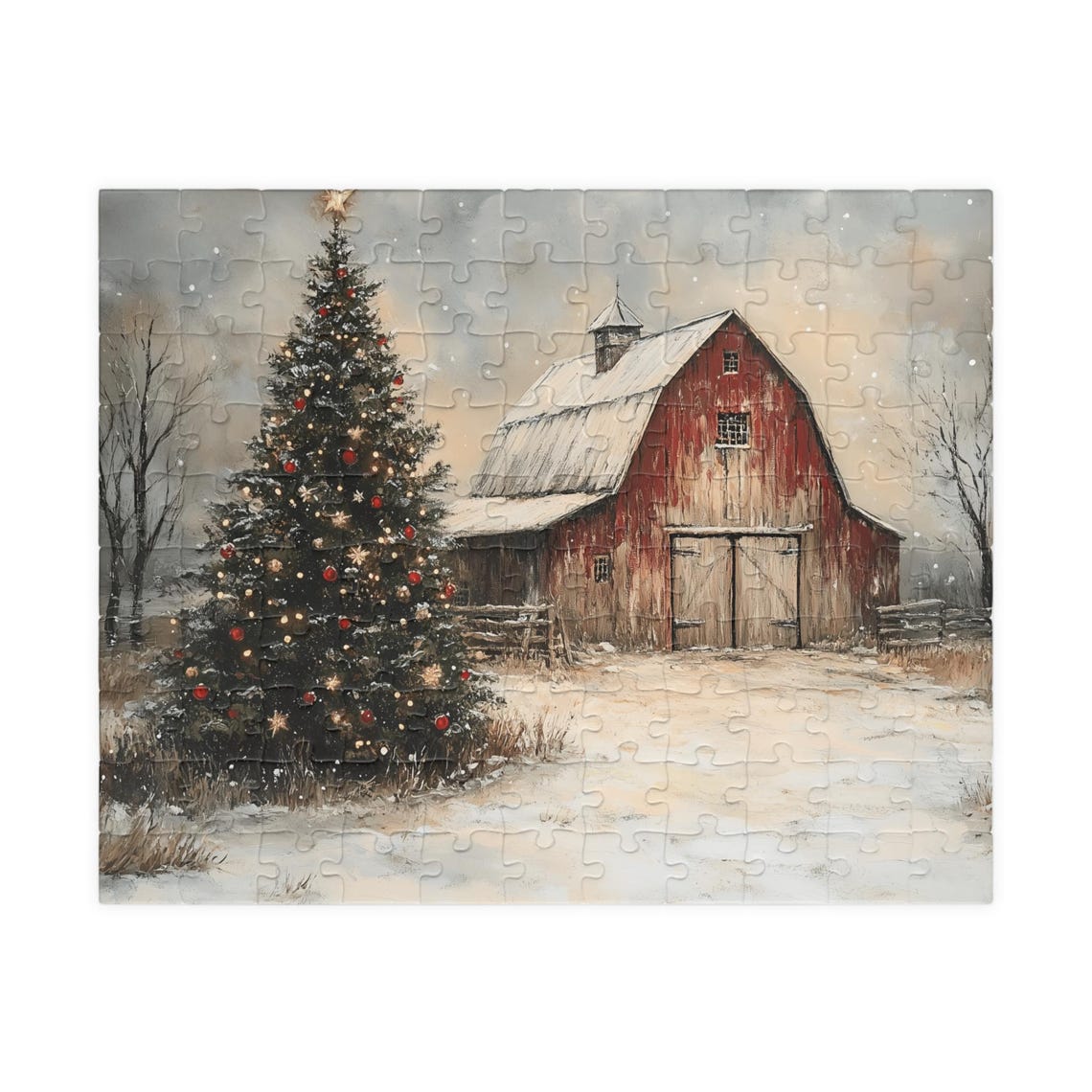Red Barn With A Decorated Christmas Tree In A Snowy Field Art Print - Image 5