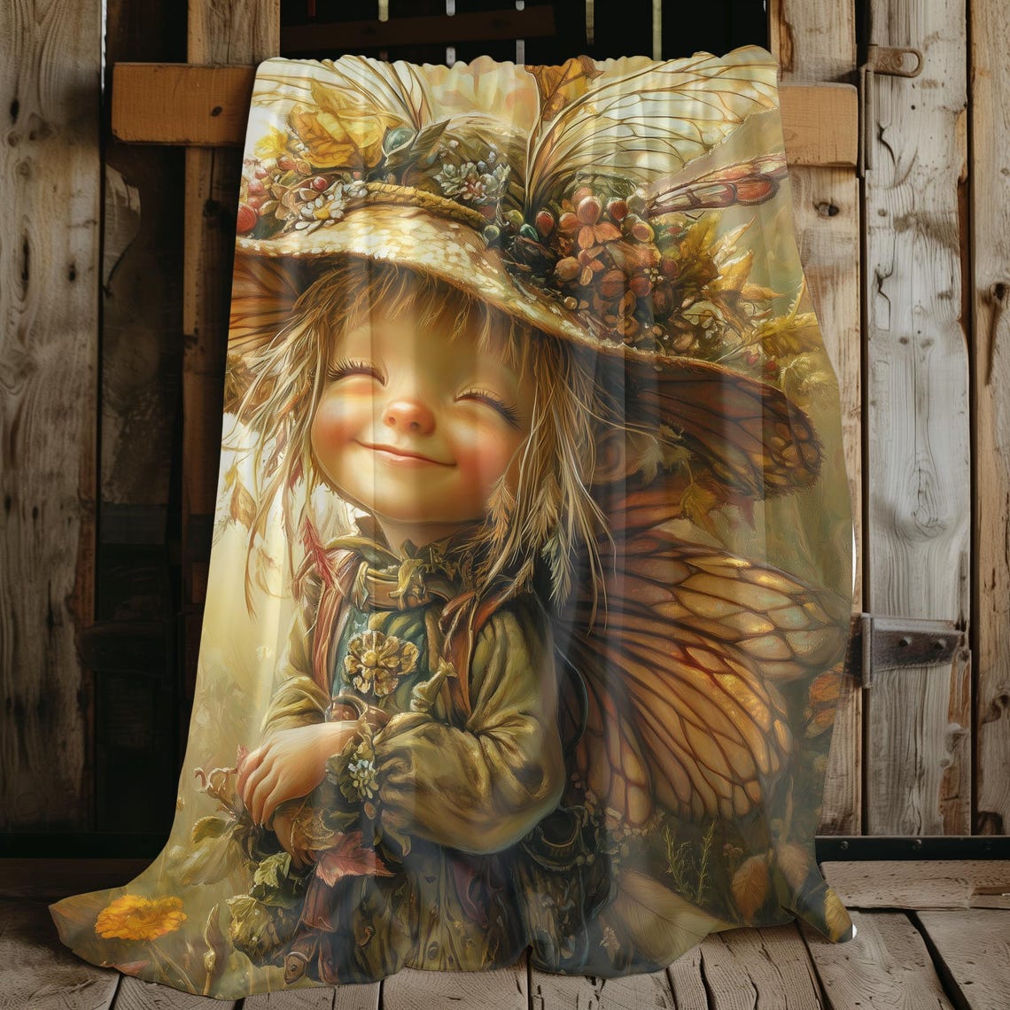 Smiling Harvest Fairy with Leaf Wings and Autumn Leaves Poster - Image 2