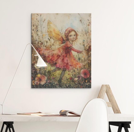 Meadow Fairy Girl Running Wildflowers Red Dress Watercolor Poster