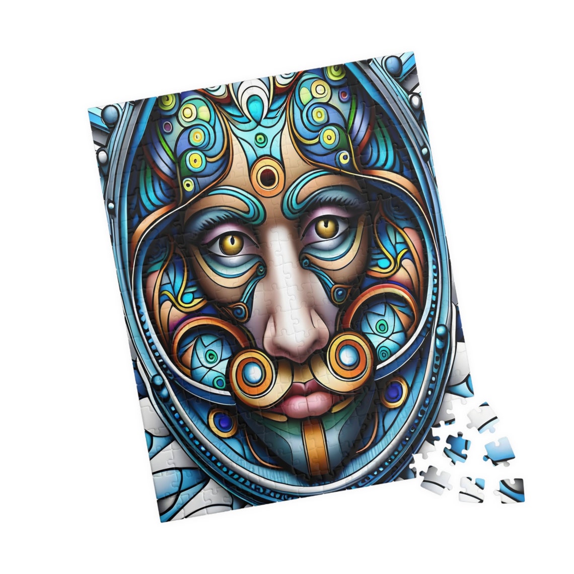 Psychedelic Woman Face with Swirling Blue and Gold Patterns Print - Image 4
