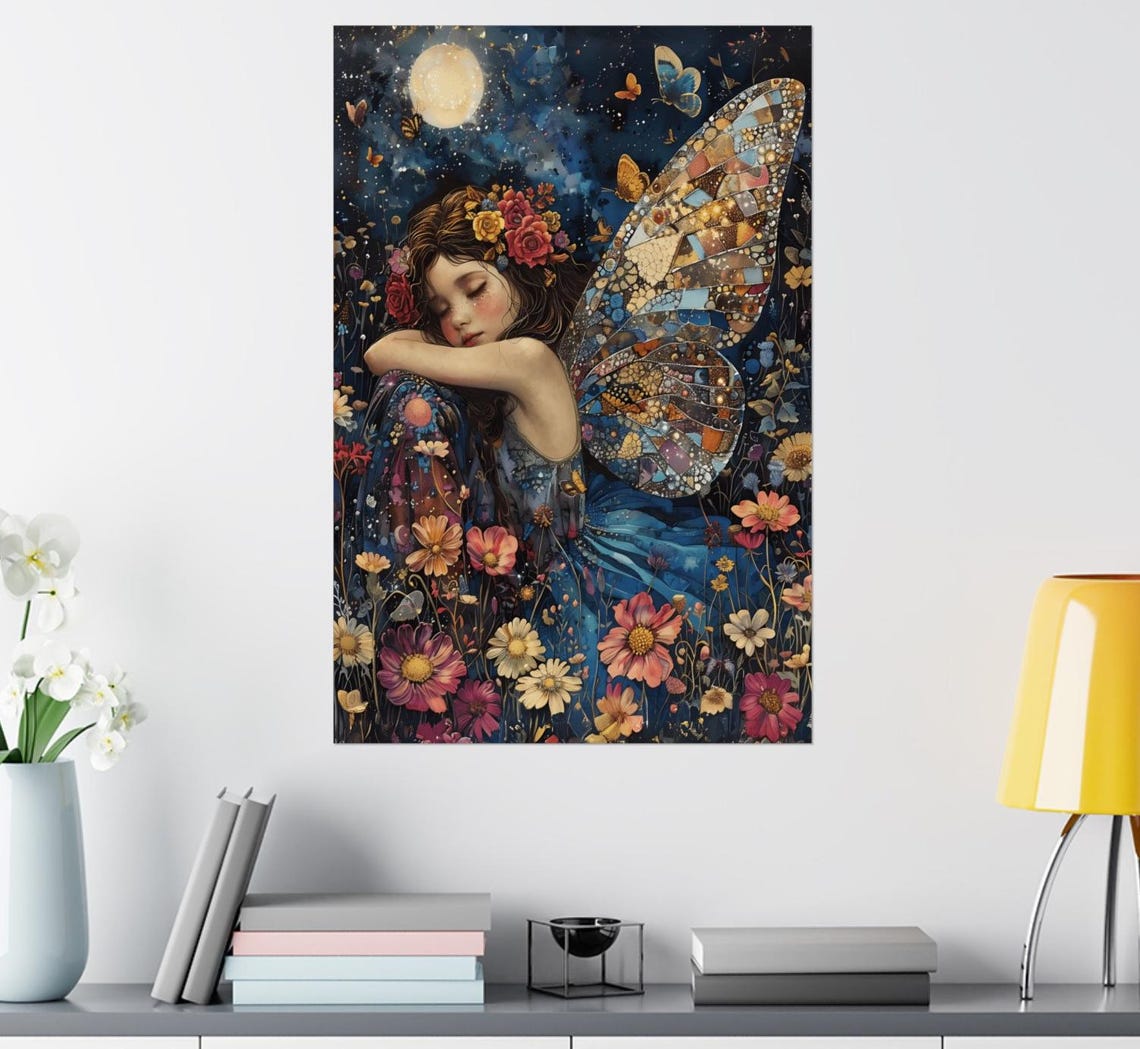 Dreaming Fairy with Mosaic Wings Sleeping among Night Flowers Poster