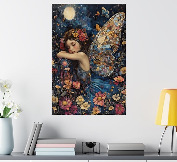 Dreaming Fairy with Mosaic Wings Sleeping among Night Flowers Poster