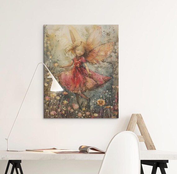 Dancing Fairy Girl Pink Dress Wildflower Meadow Watercolor Poster
