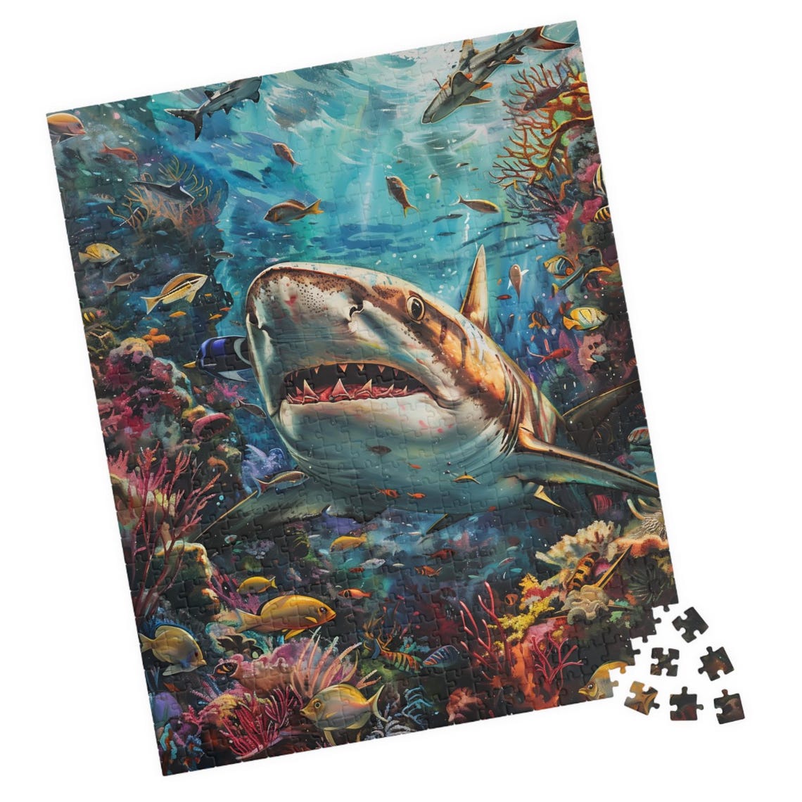 Great White Shark Coral Reef Underwater Scene Jigsaw Puzzle Print
