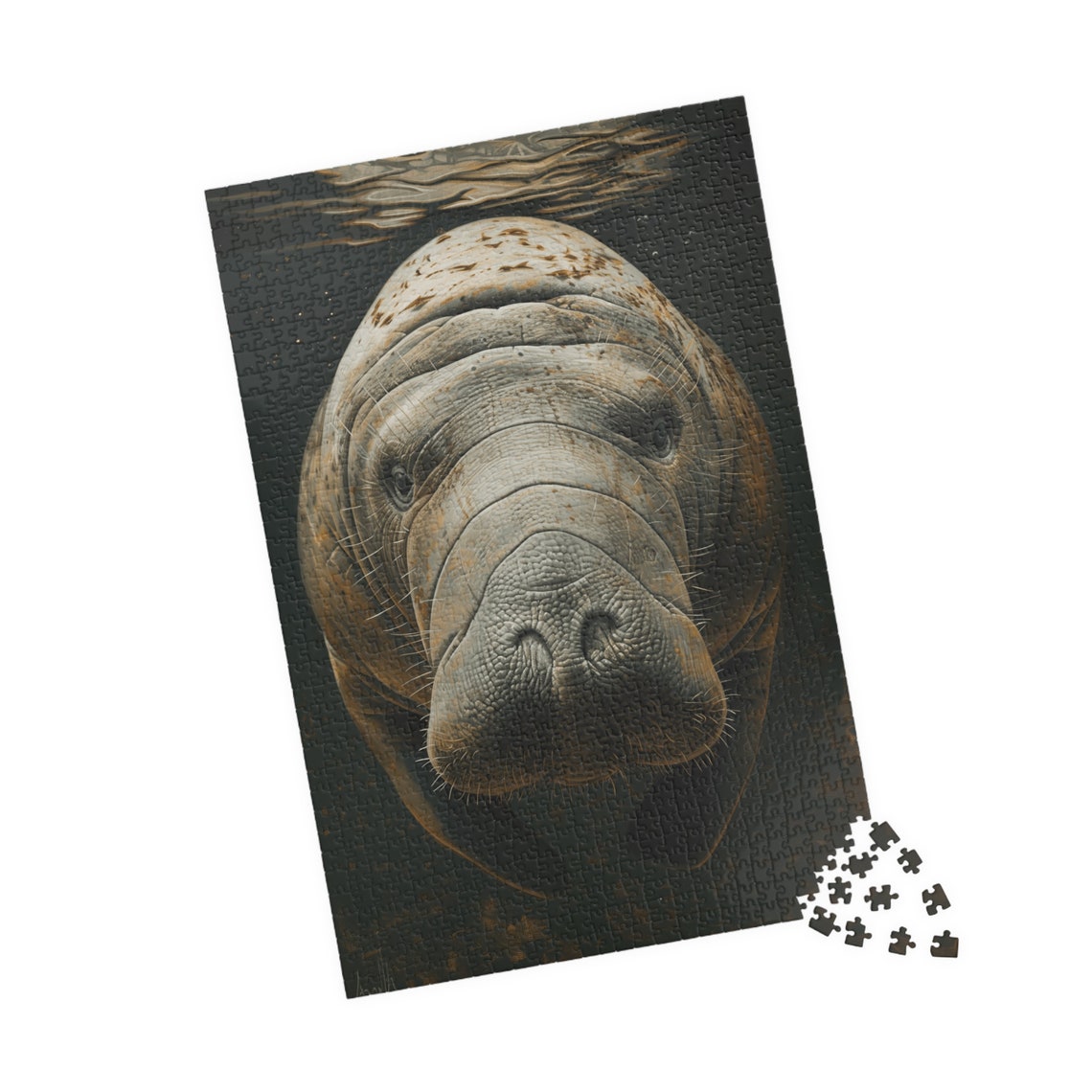 Gentle Manatee Face Close Up Swimming in Dark Ocean Water Print - Image 4
