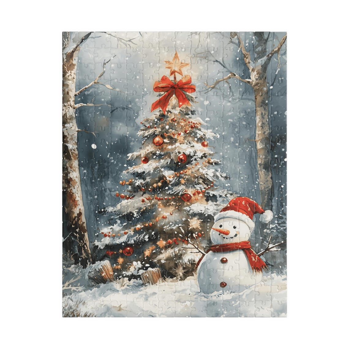 Snowman By A Christmas Tree With Star And Red Bows Winter Poster - Image 5