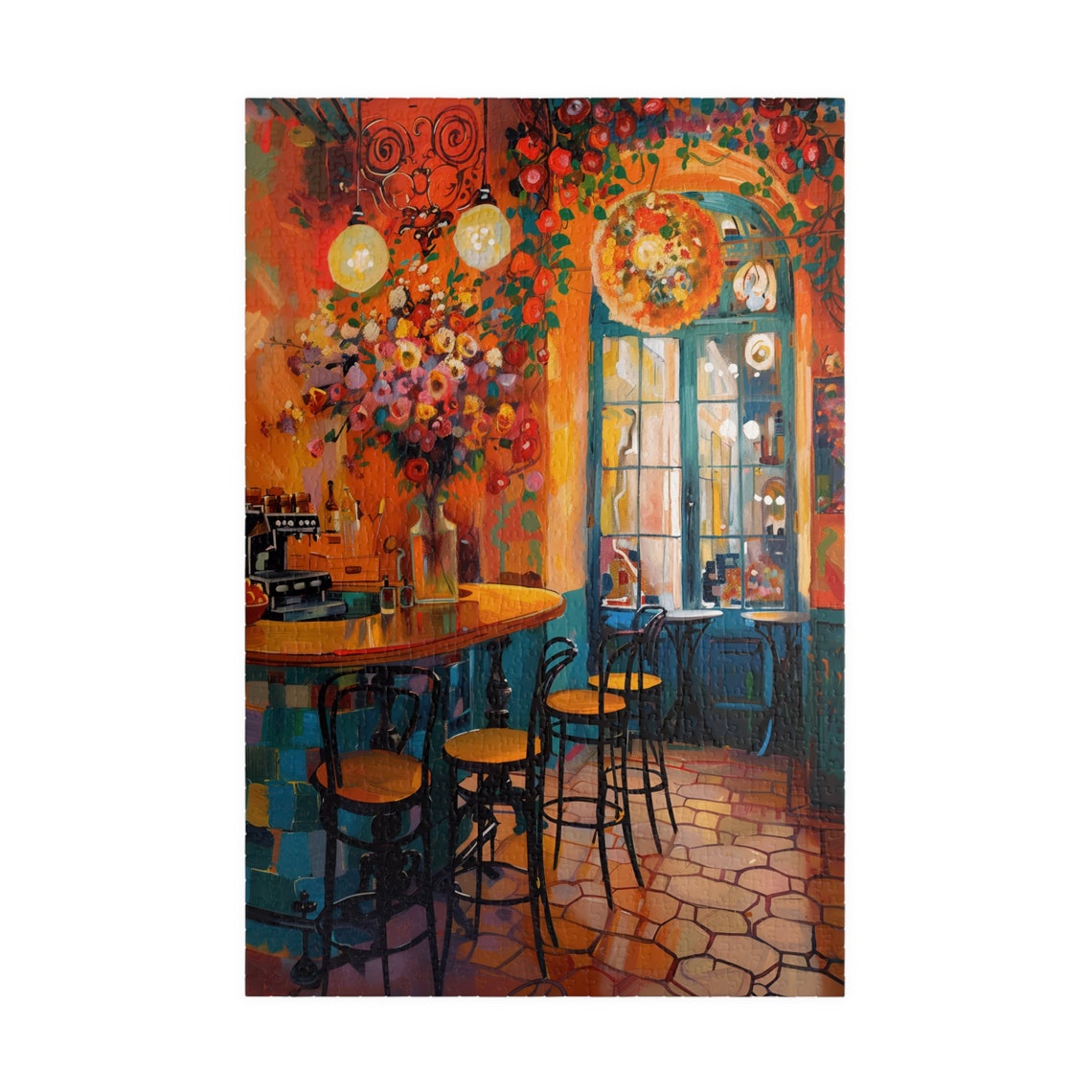 Colorful Cafe Interior with Bar Stools Espresso Machine Art Poster - Image 3