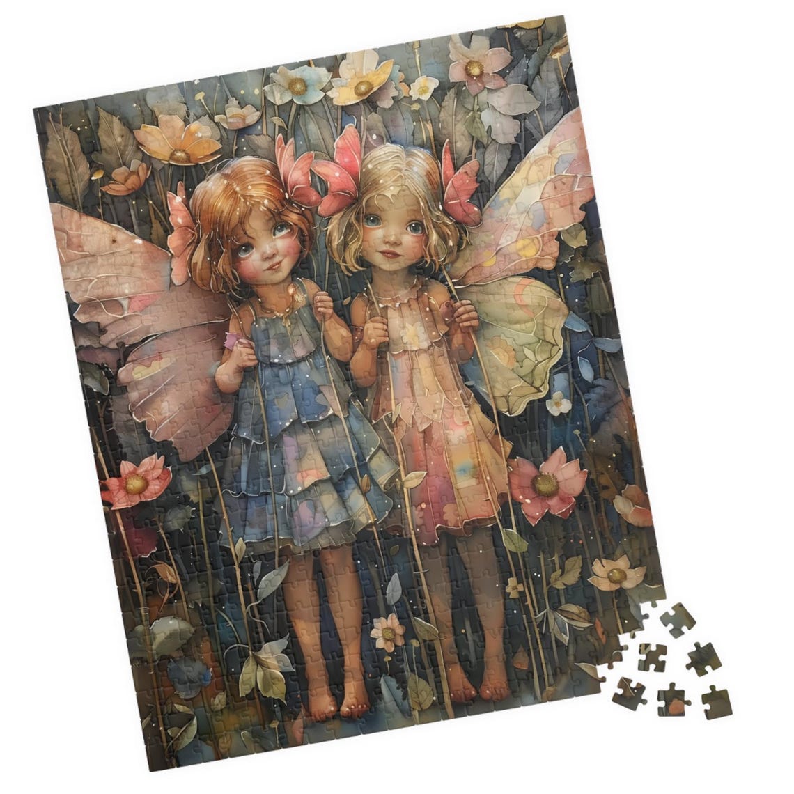Two Little Pastel Fairies Holding Hands in a Flower Meadow Art Print
