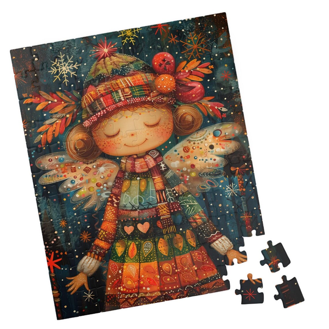 Angel In A Winter Forest Folk Art Jigsaw Puzzle