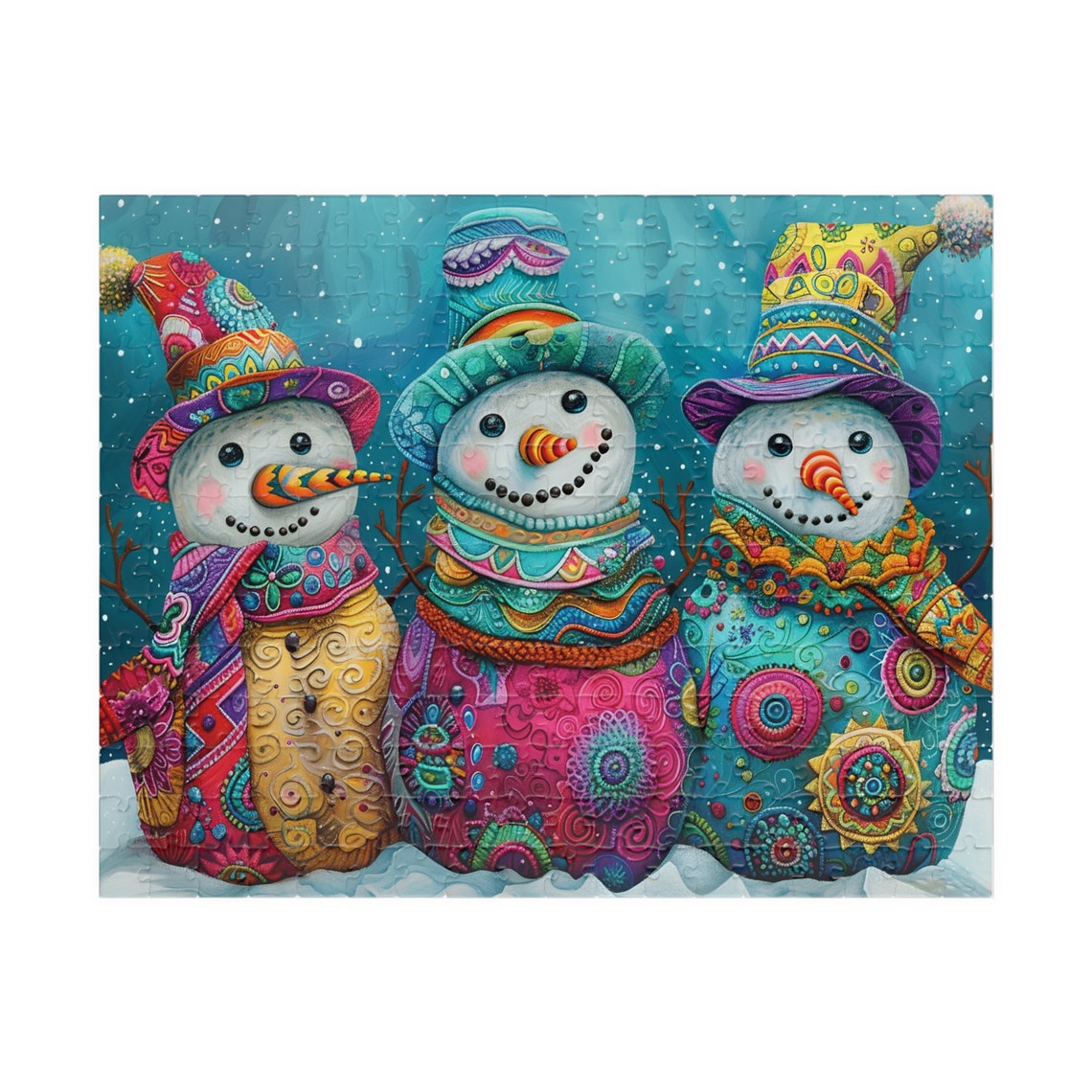 Three Whimsical Snowmen Friends in Colorful Patterned Scarves Poster - Image 3