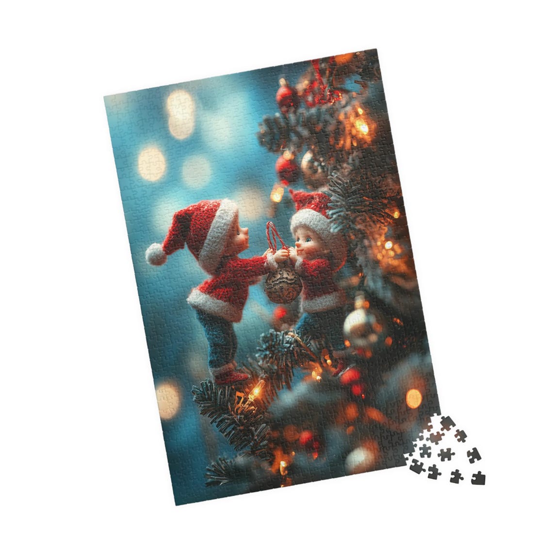 Two Tiny Knit Elves Hanging A Christmas Ornament On A Tree Print - Image 4