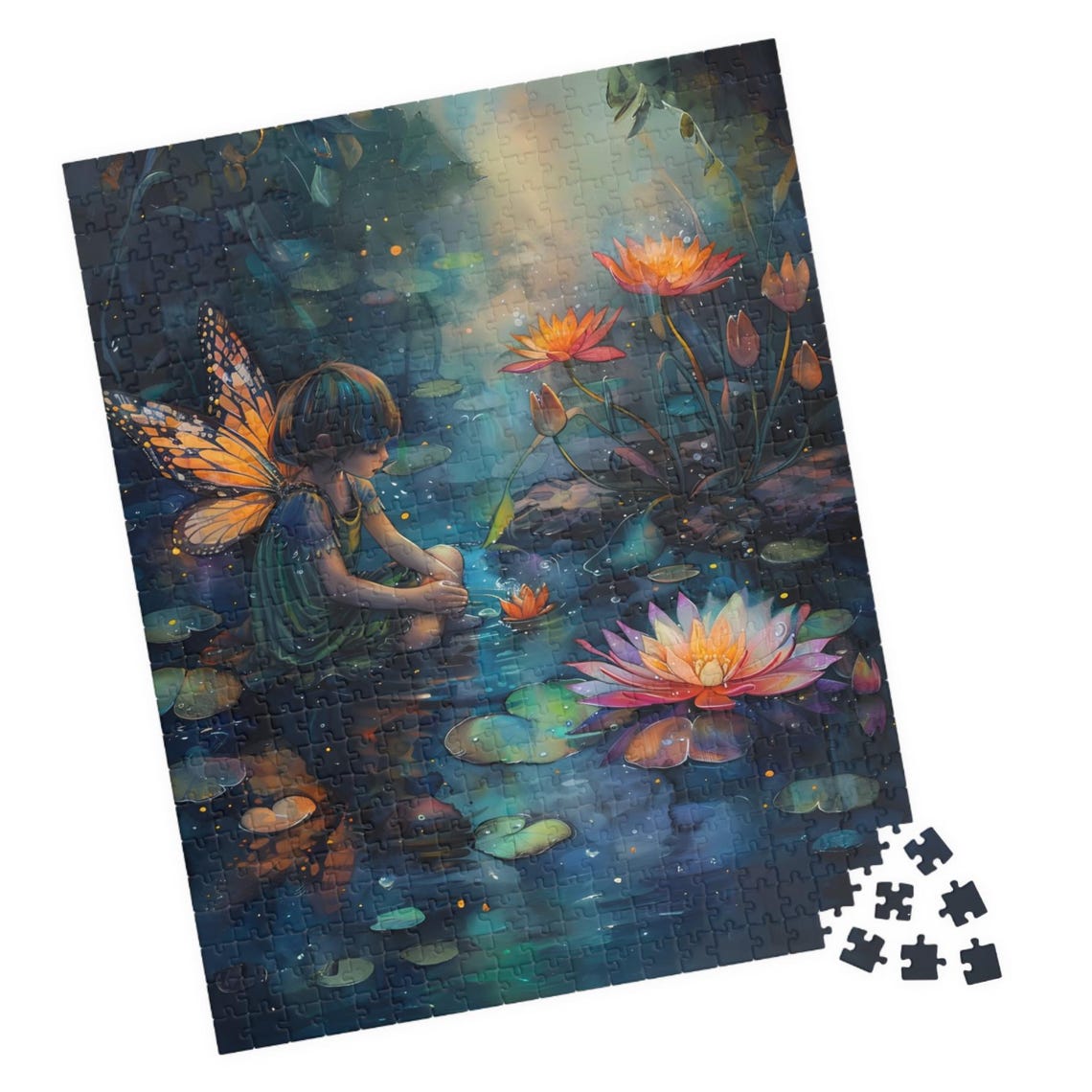 Twilight Water Lily Fairy Pond Glowing Night Botanical Art Poster