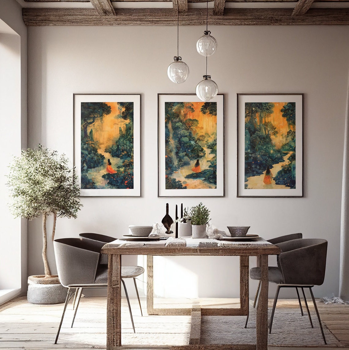Woman in Flowing Orange Dress by a Glowing Forest Waterfall Poster - Image 3