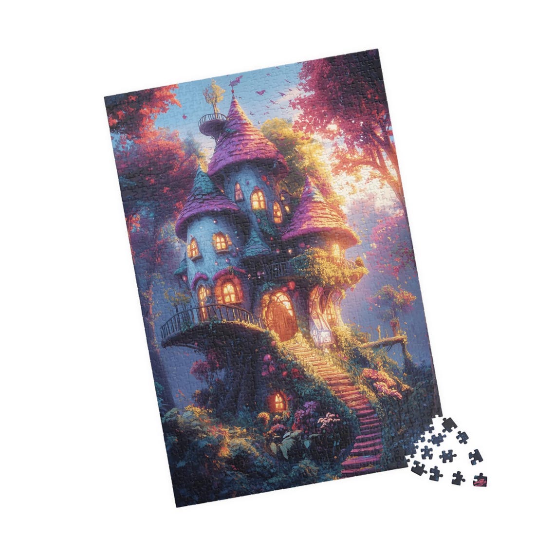 Whimsical Fairy Castle Treehouse With Glowing Windows Art Print - Image 4