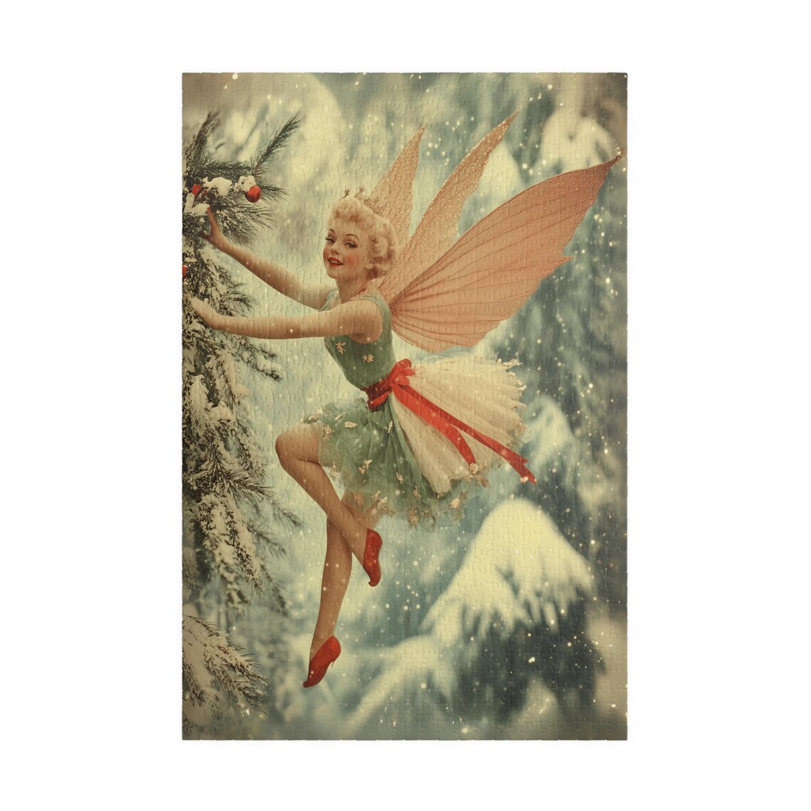 Vintage Fairy In Green Dress Decorating A Snowy Tree Art Print - Image 3