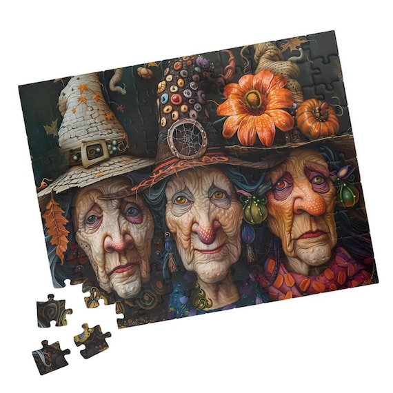 Three Whimsical Witches With Decorative Hats Halloween Art Poster