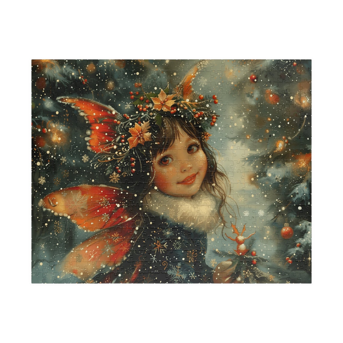 Little Christmas Fairy Girl with Red Wings in Snowy Night Poster - Image 2