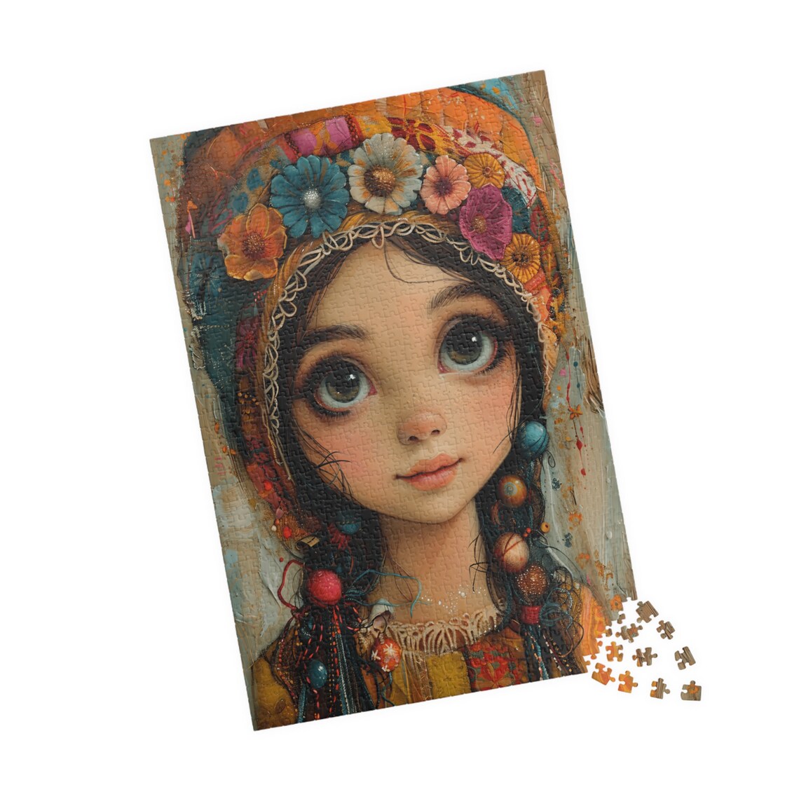 Peasant Girl Portrait With Flower Hat Big Green Eyes Boho Art Poster - Image 4