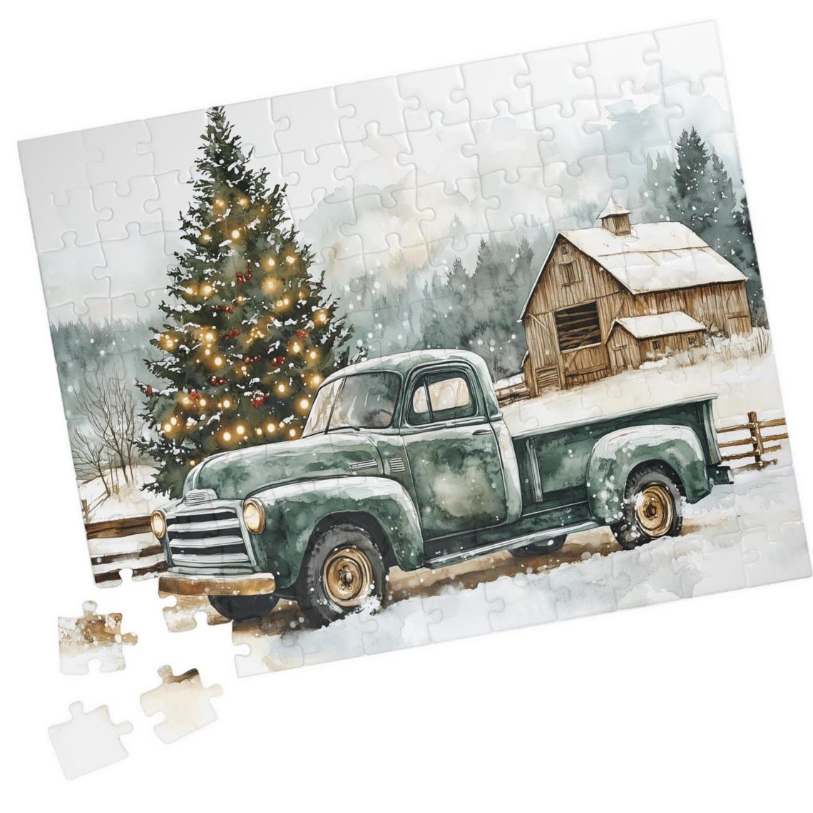 Vintage Green Pickup Truck With Christmas Tree at Snowy Barn Poster