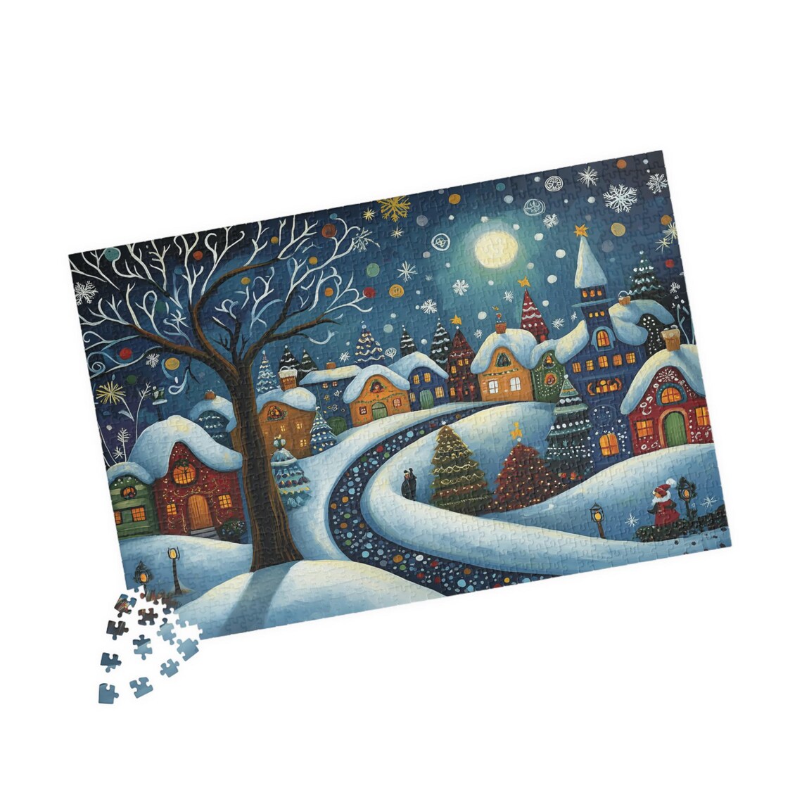 Moonlit Folk Art Christmas Village Snowy Cottages Night Art Poster - Image 4