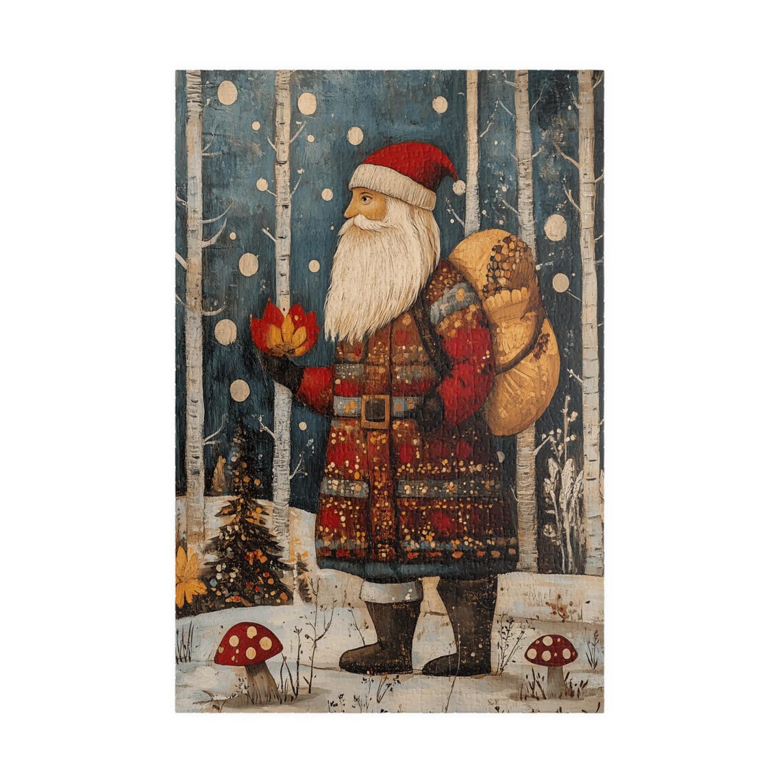 Russian Folk Art Santa in Snowy Birch Forest with Gift Sack Poster - Image 3