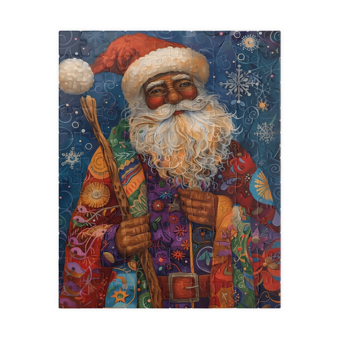 Kwanzaa Santa in a Colorful Patchwork Coat with Wooden Staff Poster - Image 5