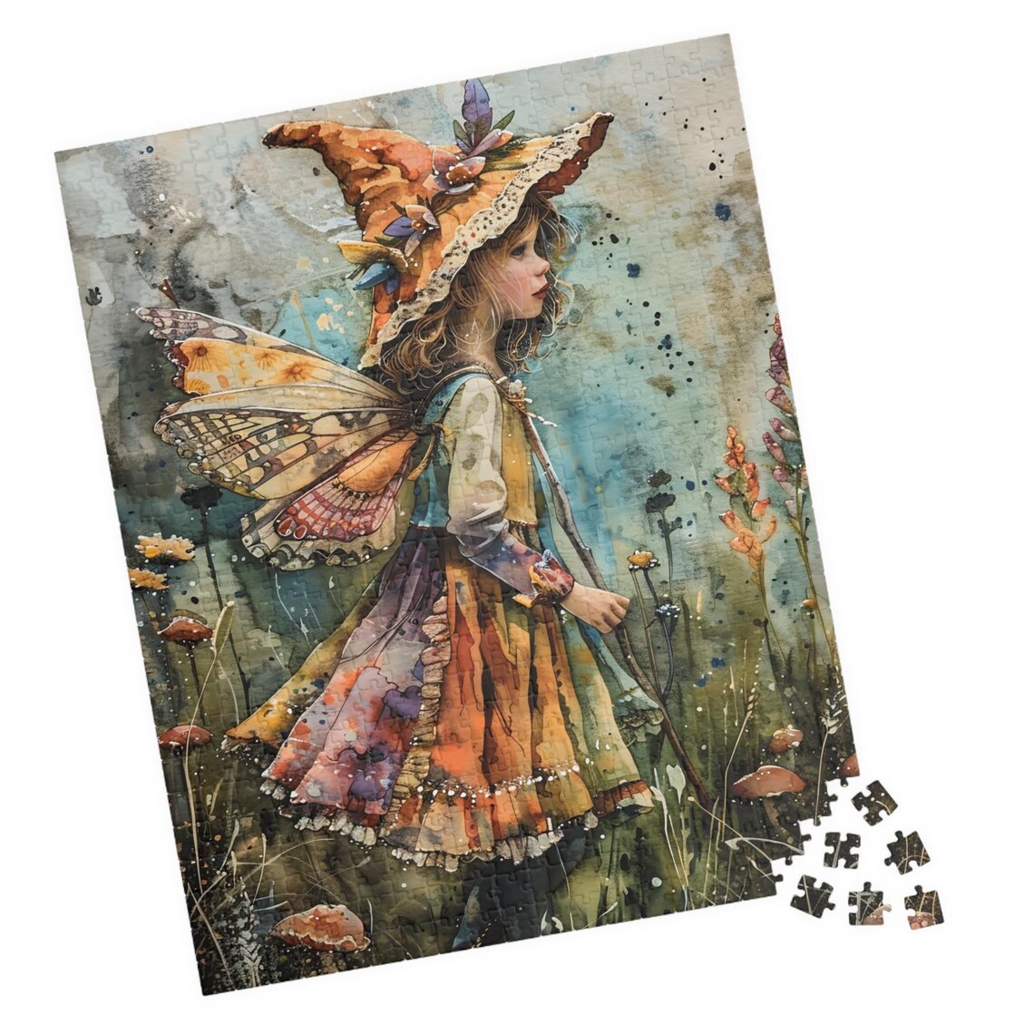 Watercolor Fairy Girl Floppy Hat Butterfly Wings Field Poster