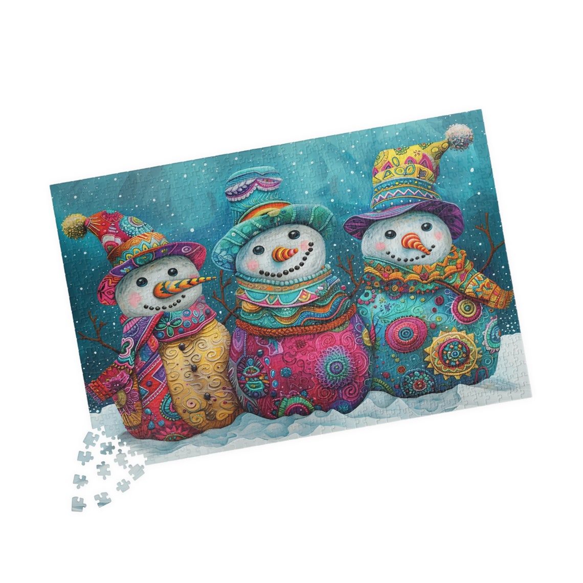 Three Whimsical Snowmen Friends in Colorful Patterned Scarves Poster - Image 2