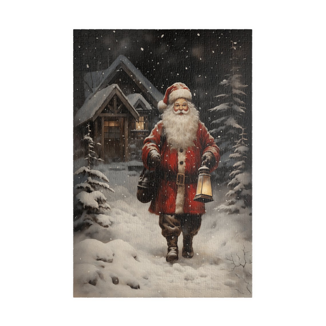 Santa Claus Walking in Snow With Lantern by Cozy Cabin at Night Poster - Image 3