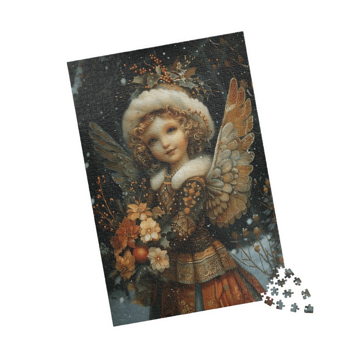 Classic Winter Angel Child in Fur Hood Holding Golden Flowers Poster - Image 4