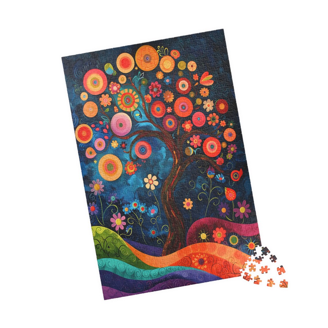 Folk Art Tree of Life Round Blossom Night Sky Colorful Poster - Image 4