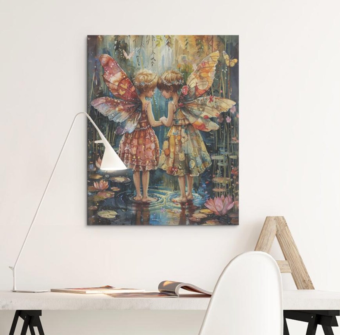 Two Fairies Forehead to Forehead Mosaic Wings Pond Art Poster