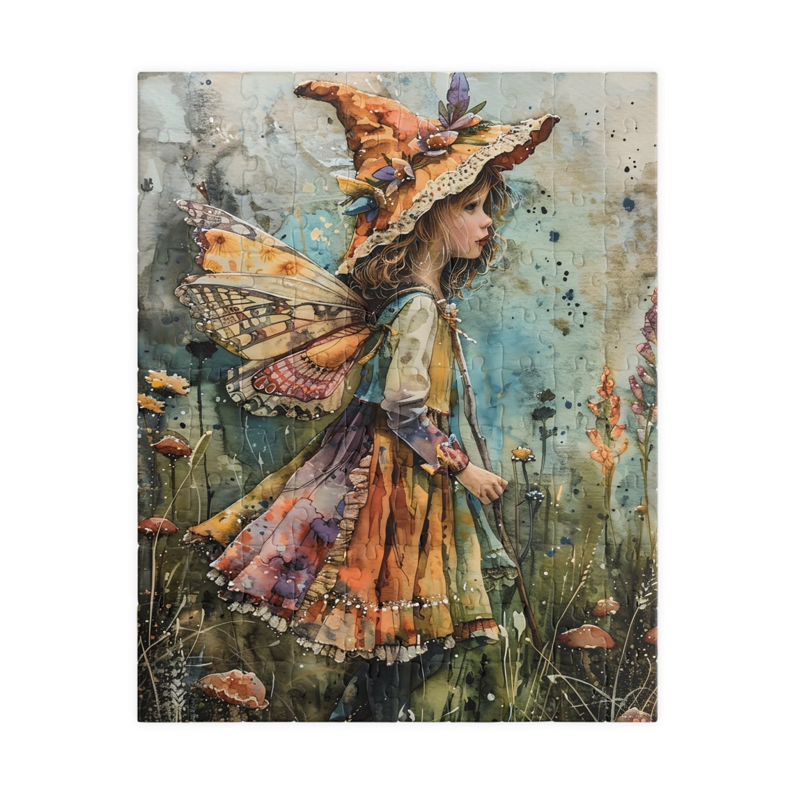 Watercolor Fairy Girl Floppy Hat Butterfly Wings Field Poster - Image 2