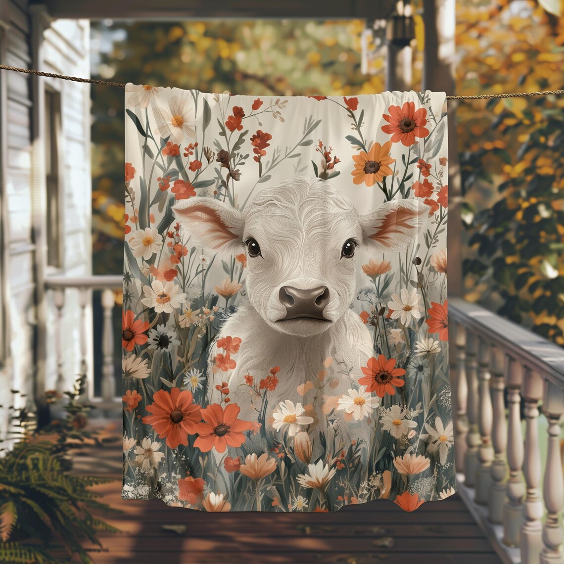 Sweet White Calf Standing in a Field of Wildflowers Art Poster