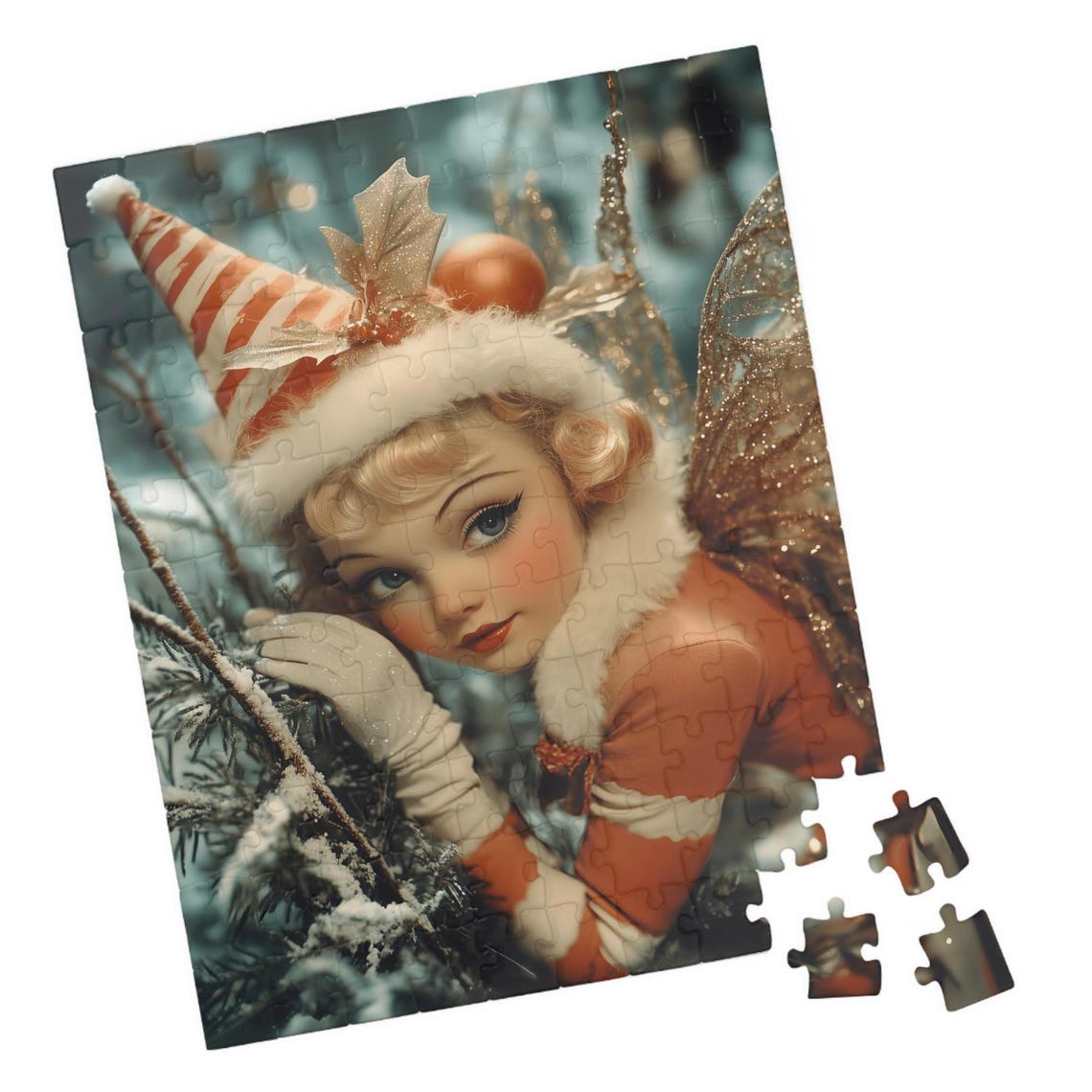 Vintage Christmas Fairy In Striped Hat Among Snowy Branches Poster