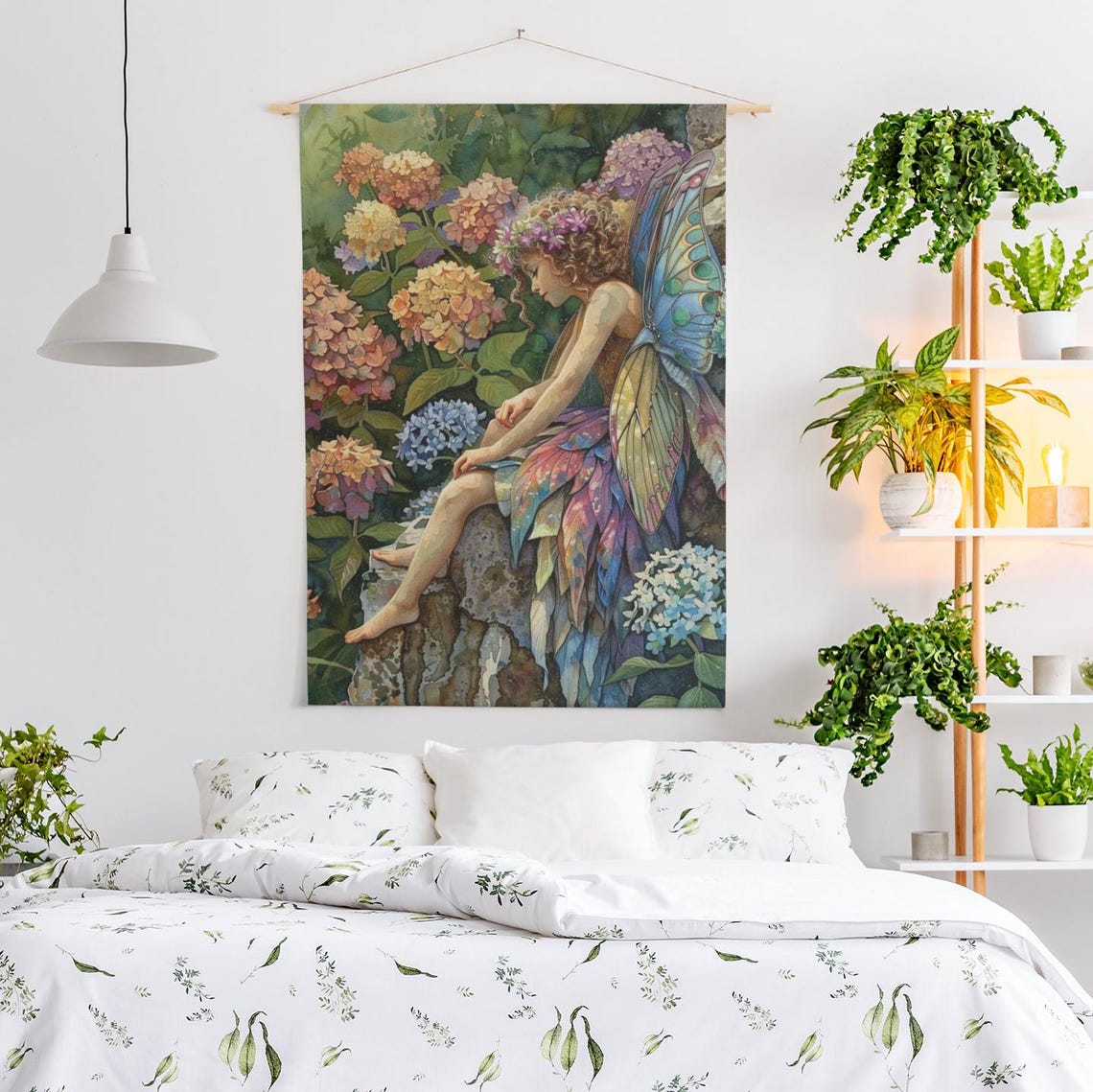 Hydrangea Fairy Sitting Stone Wall Blue Wings Floral Art Poster - Image 2