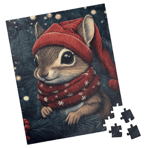 Chipmunk in Red Knit Hat and Snowflake Scarf Winter Animal Poster