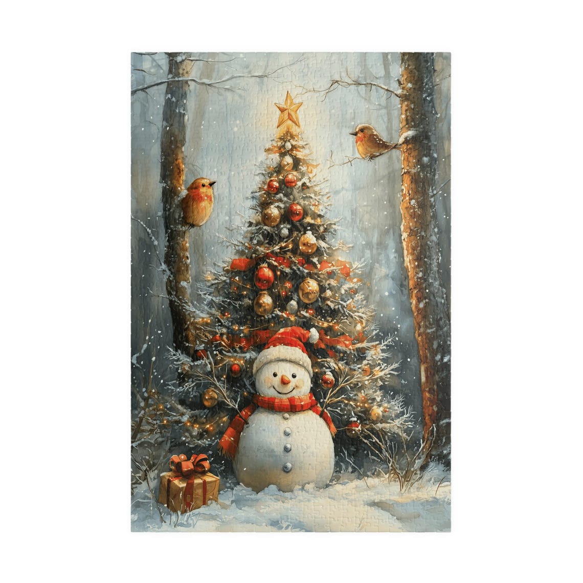 Smiling Snowman By A Decorated Christmas Tree In Forest Poster - Image 3
