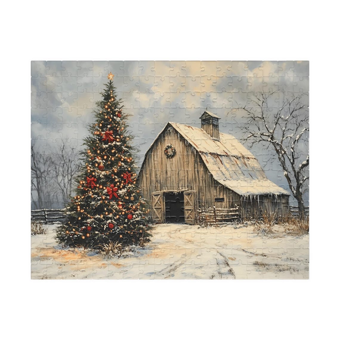 Rustic Barn With Lit Christmas Tree Red Bows Snowy Dusk Poster - Image 3