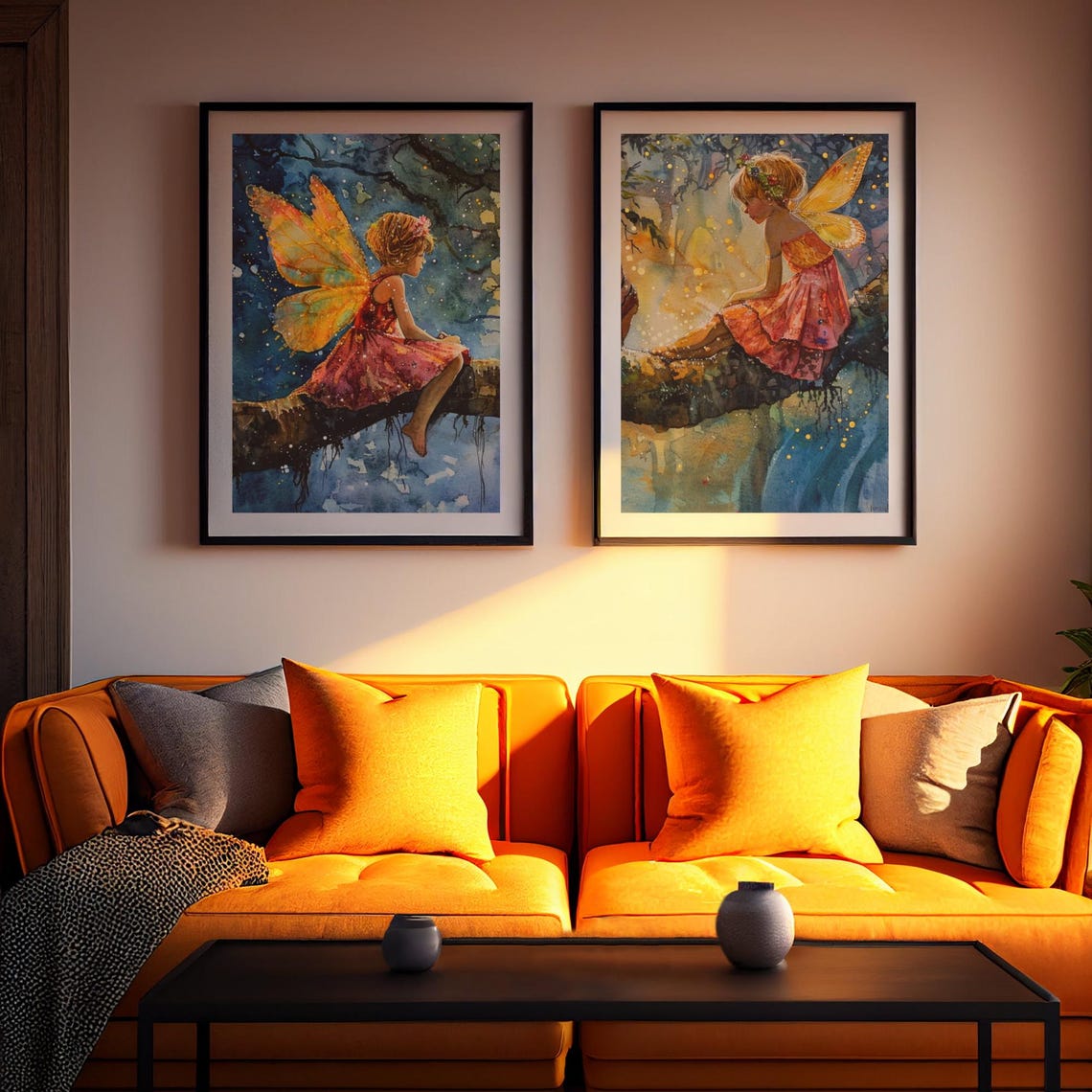 Fairy Sitting on Branch Over Water Golden Wings Watercolor Poster - Image 4