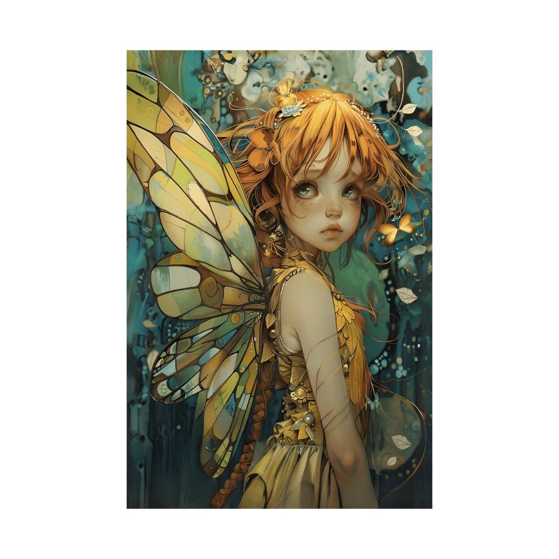 Red Haired Fairy Girl with Golden Wings Enchanted Forest Poster - Image 4