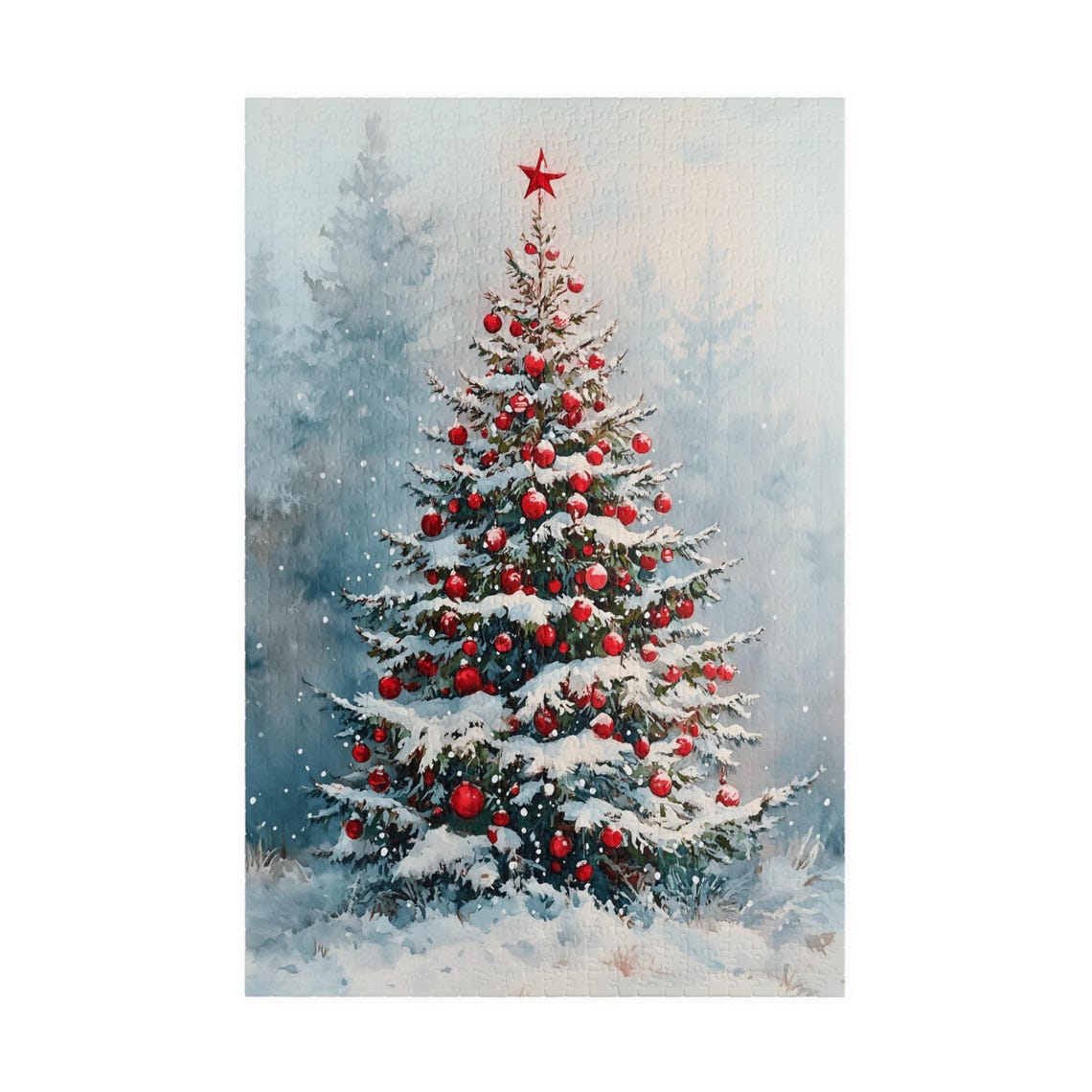 Snowy Christmas Tree With Red Ornaments and Star Topper Wall Poster - Image 3