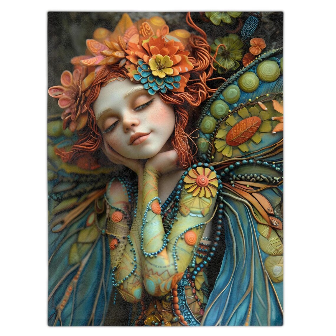 Dreamy Red-Haired Forest Fairy with Floral Wings Watercolor Poster - Image 2