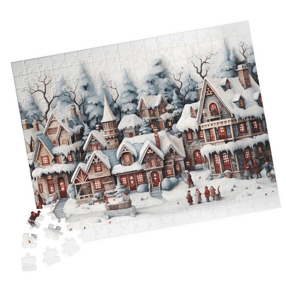 Storybook Snowy Christmas Town with Children and Houses Art Print